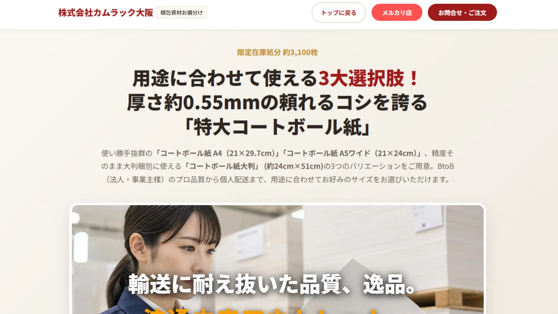 特大コートボール紙販売LPの上部構成